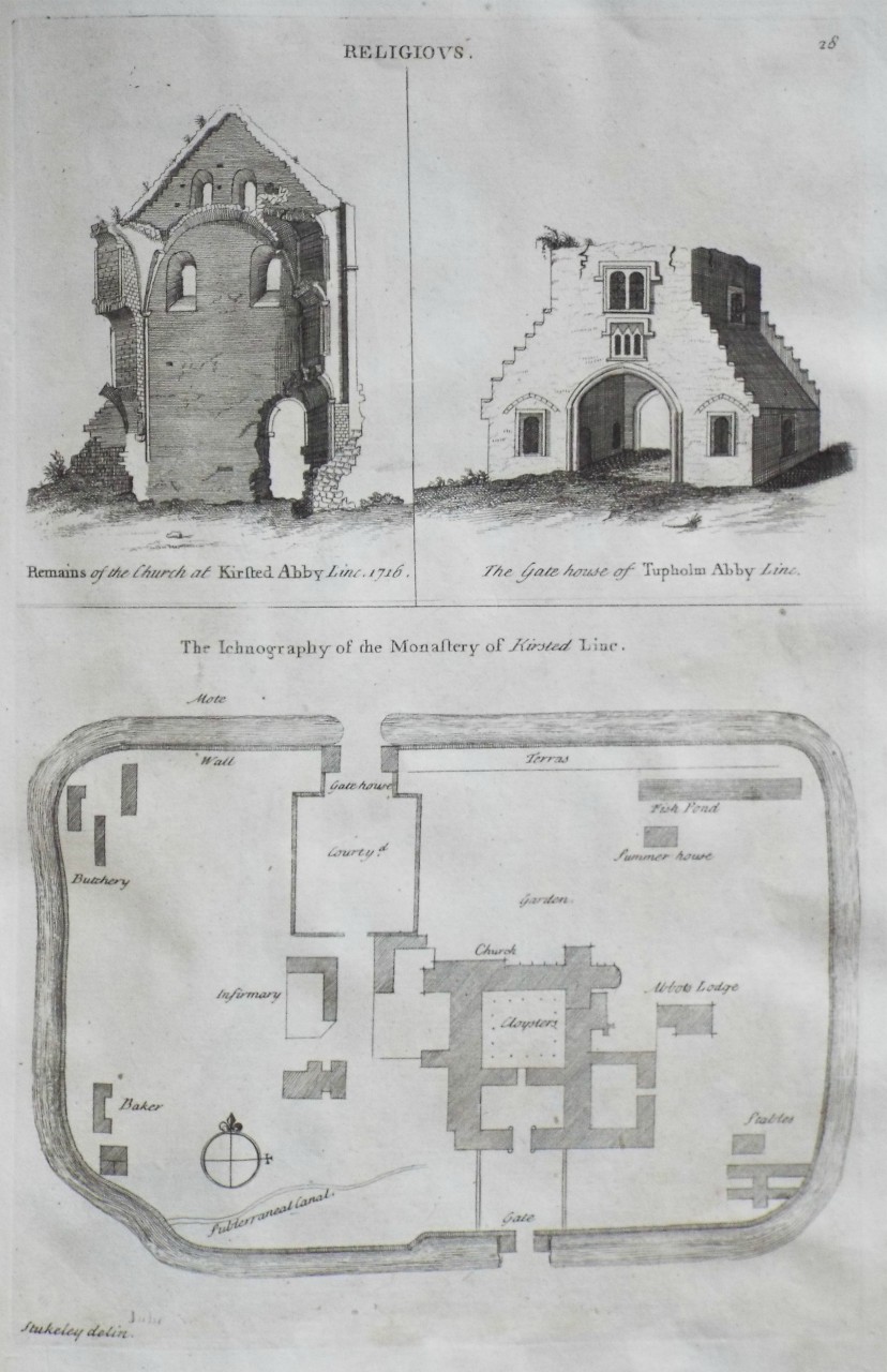 Print - Religious. Remains of the Church at Kirksted Abby Linc. 1716.
The Gate house of Tupholm Abby Linc.
The Ichnography of the Monastery of Kirksted Linc.