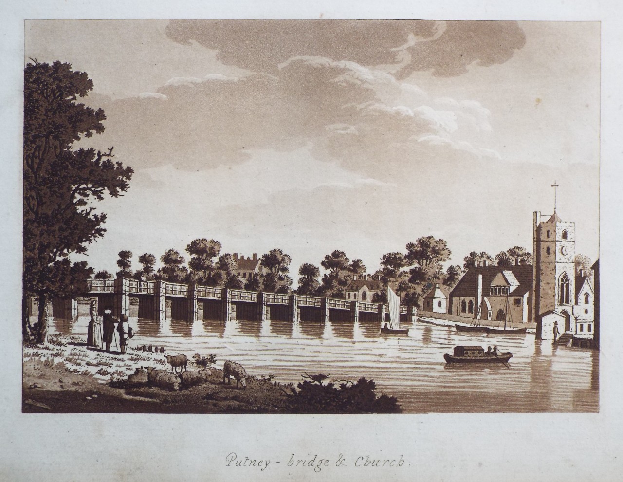 Aquatint - Putney - bridge & Church. - Ireland