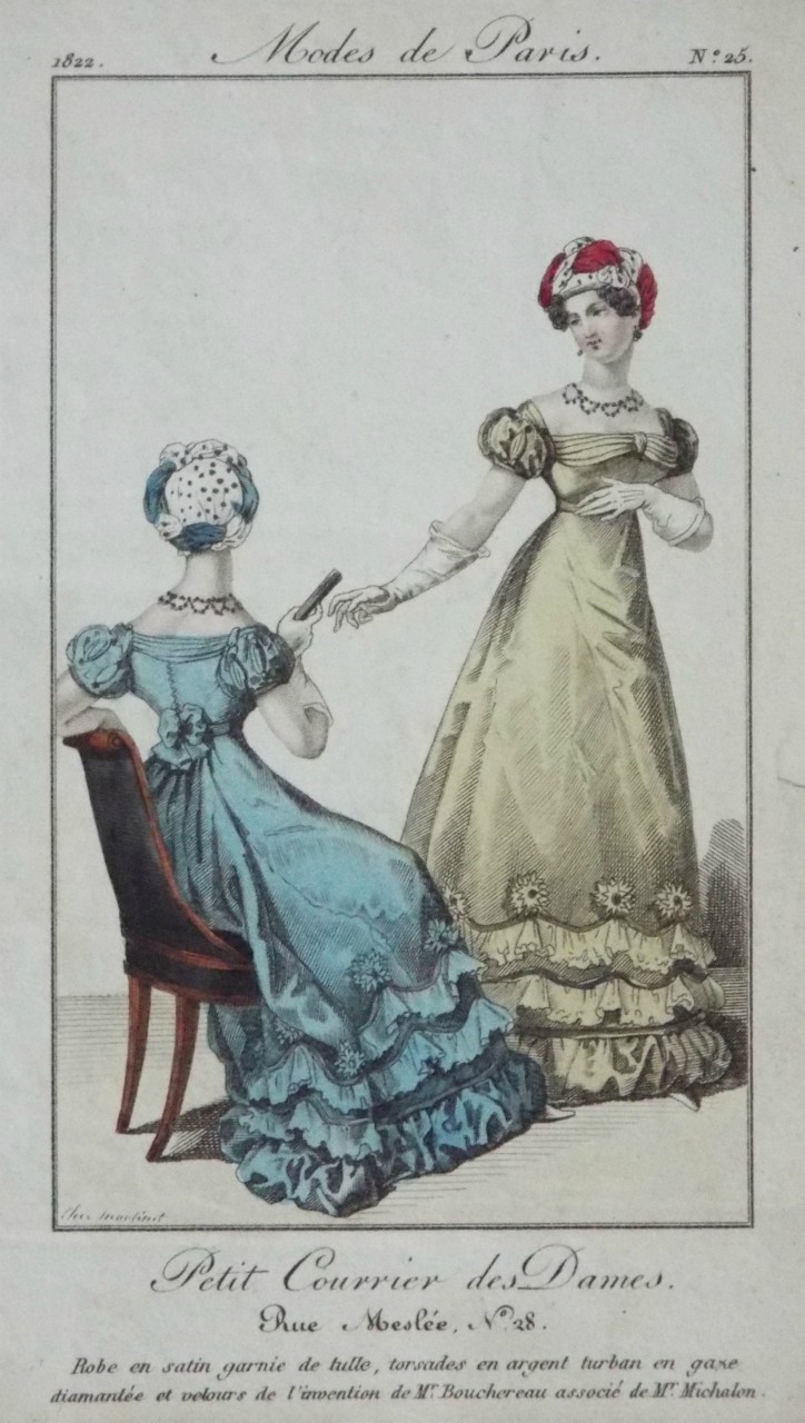 Print - Robe en satin garnie de tulle, torsades en argent turban en gaze diamantee et velours  de l'invention de Mr. Bouchereau associe de Mr. Michalon.