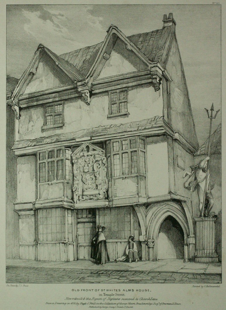 Lithograph - Old Front of Dr. Whites Alms House, in Temple Street - Prout