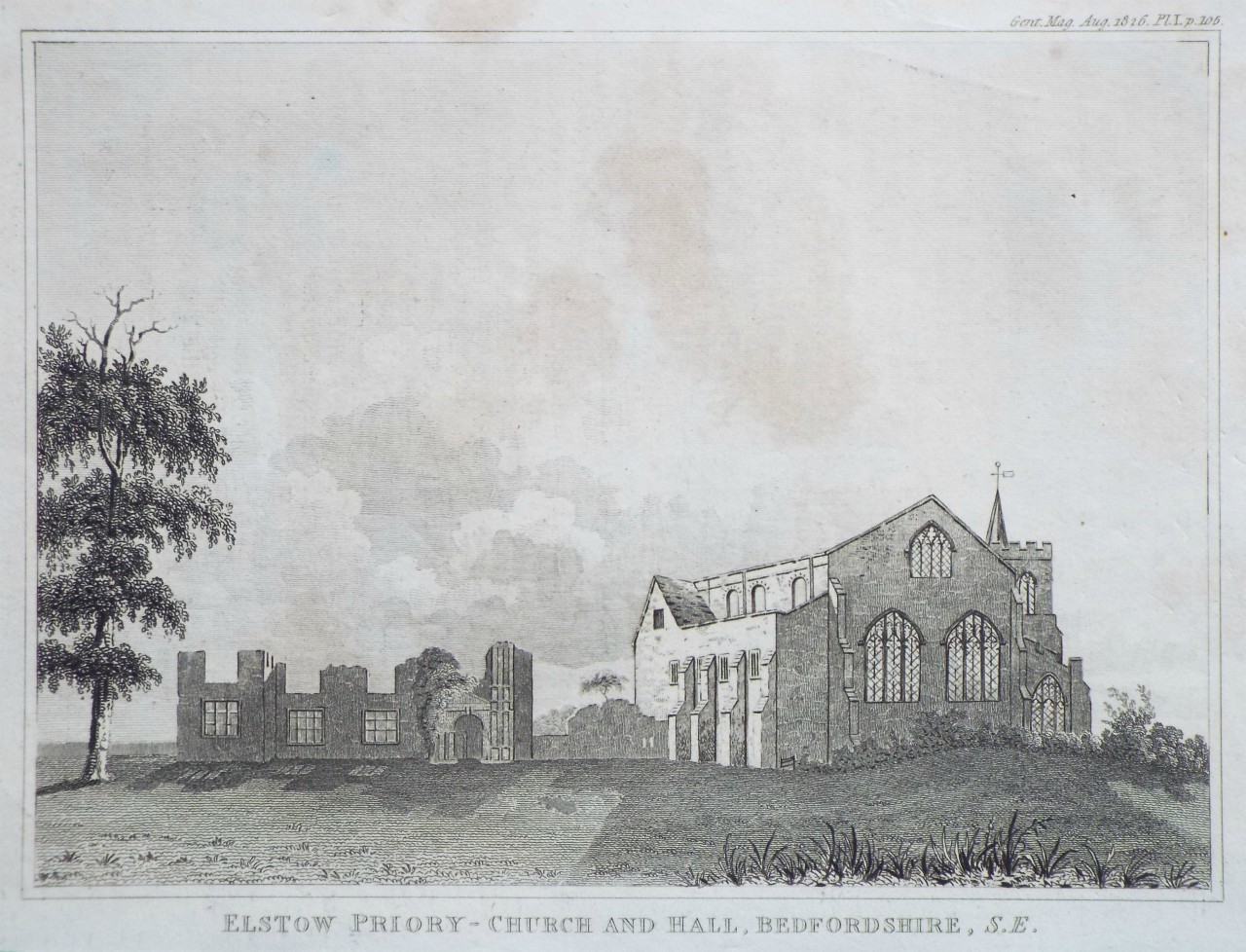 Print - Elstow Priory - Church and Hall, Bedfordshire, S. E.