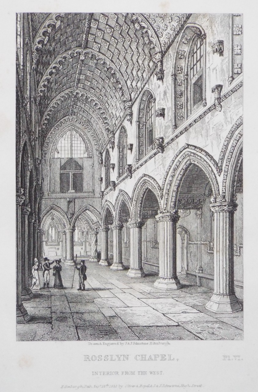 Lithograph - Rosslyn Chapel, Interior from the West. - Johnstone