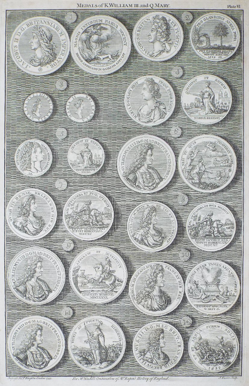 Print - Medals of K.William III. and Q.Mary. Plate VI - Basire