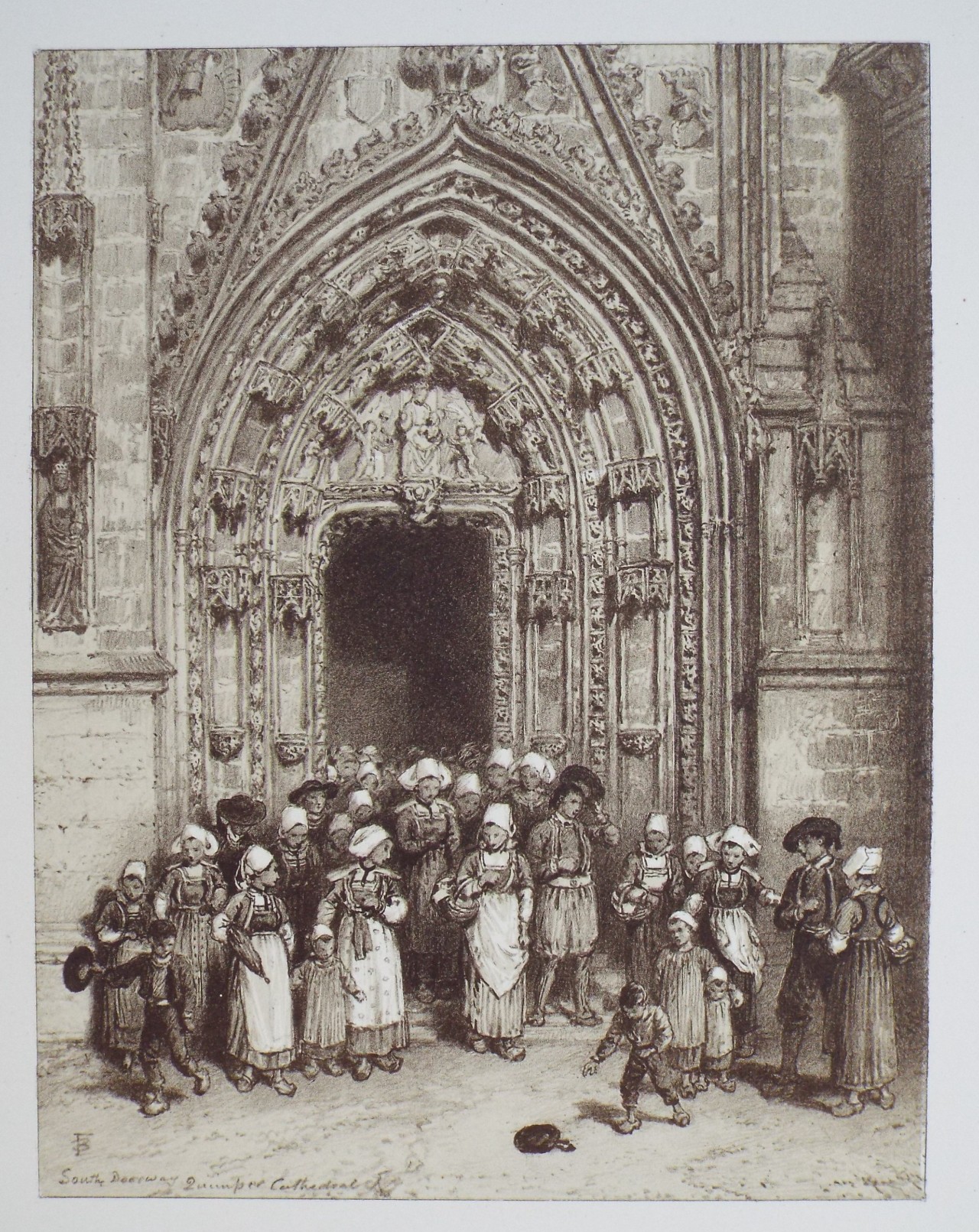 Lithograph - The South Door of the Cathedral. Quimper. - Foster