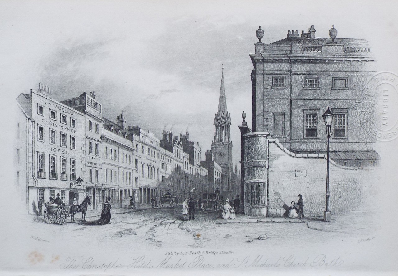 Steel Vignette - The Christopher Hotel, Market Place and St.Michael's Church, Bath. Looking from the Abbey. - Shury