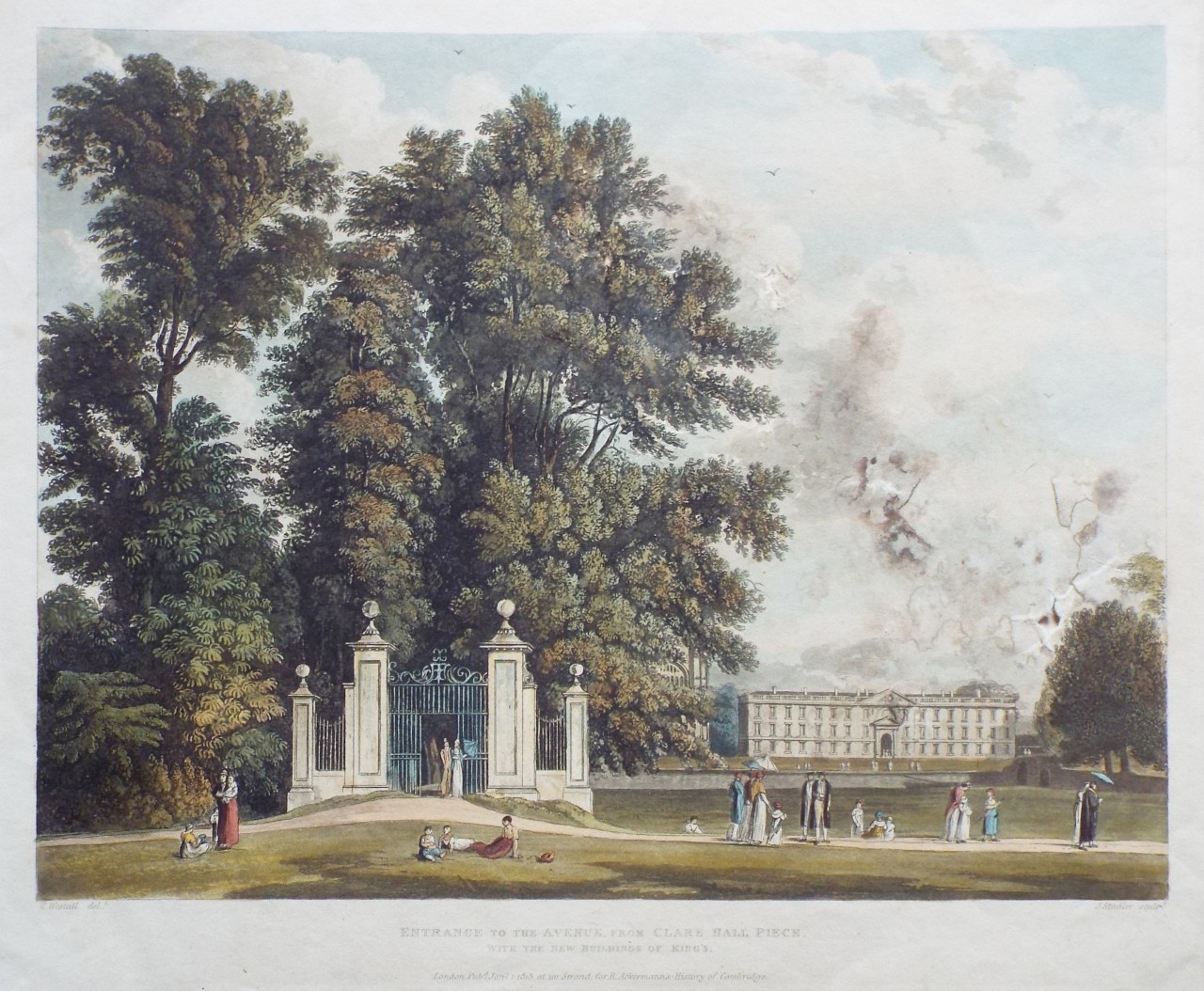 Aquatint - Entrance to the Avenue, from Clare Hall Piece, with the New Buildings of King's. - Stadler