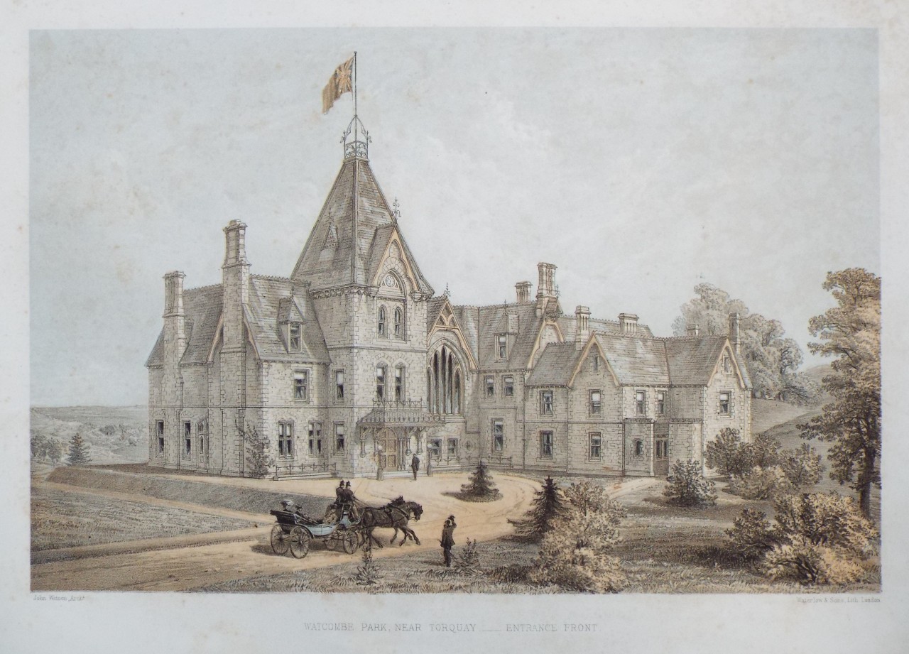 Lithograph - Watcombe Park, near Torquay - Entrance Front.