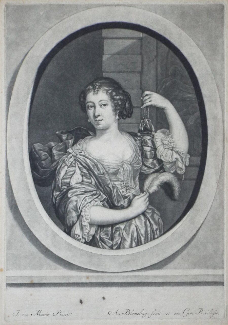 Mezzotint - Woman holding up a purse. - Blooteling