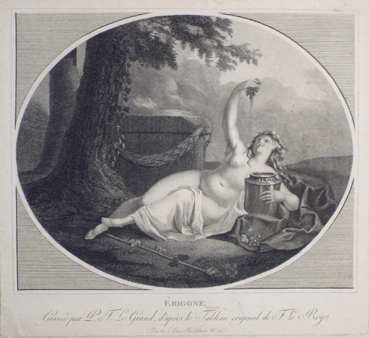 Print - Erigone, Gravee par P. J. Le Grand, d'apres le Tableau original de F. Le Roy. - Le