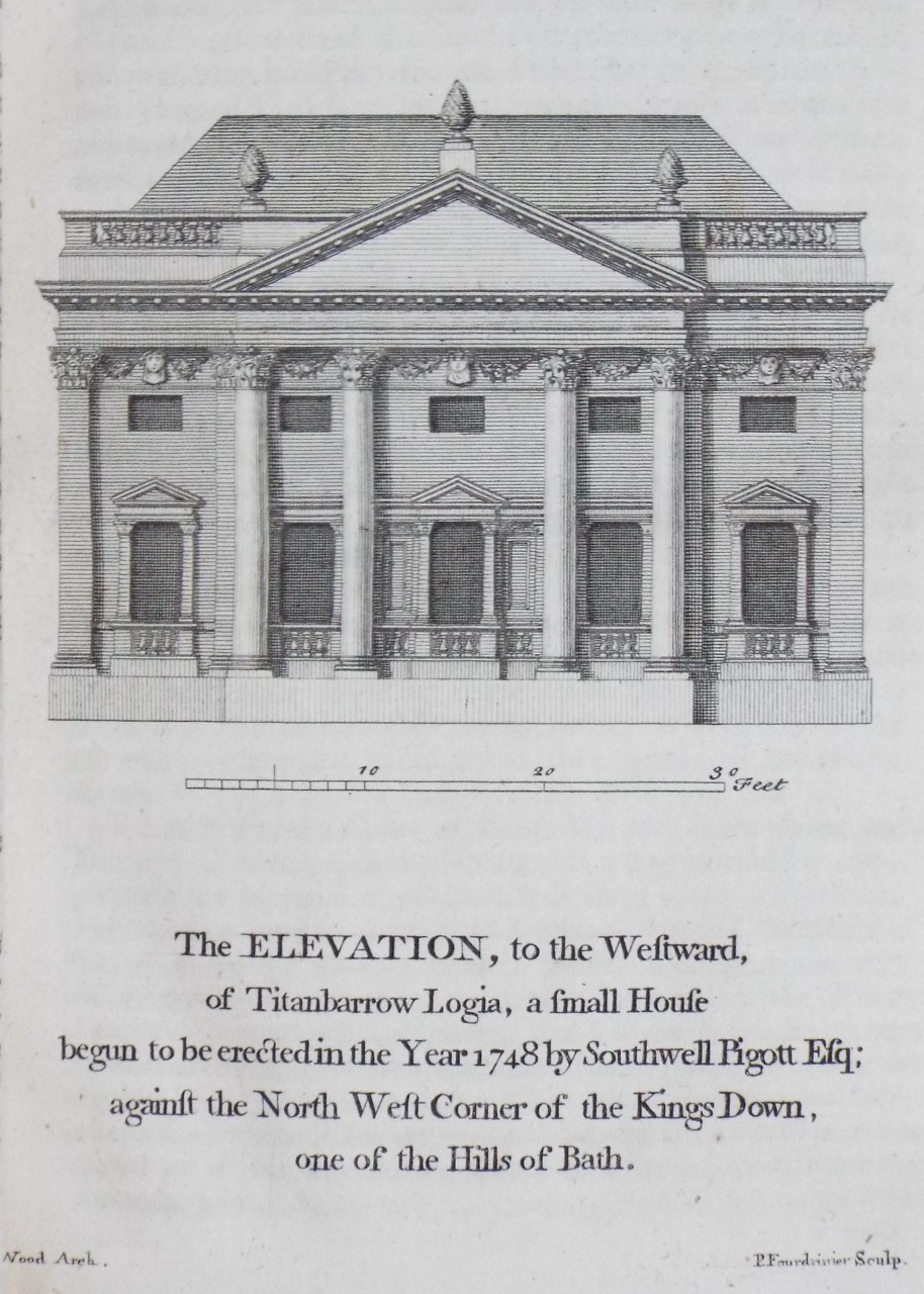 Print - Elevation, to the Westward, of Titanbarrow Logia, a small House begun to be erected in the Year 1748 by Southwell Pigott Esq: against the North West Corner of the Kings Down, one of the Hills of Bath. - Fourdrinier