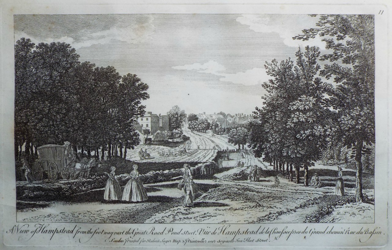 Print - A View of Hampstead from the foot way next the Great Road Pond Street. Vue de Hampstead de la Chaussee ores du Grand chemin Rue du Bassin..