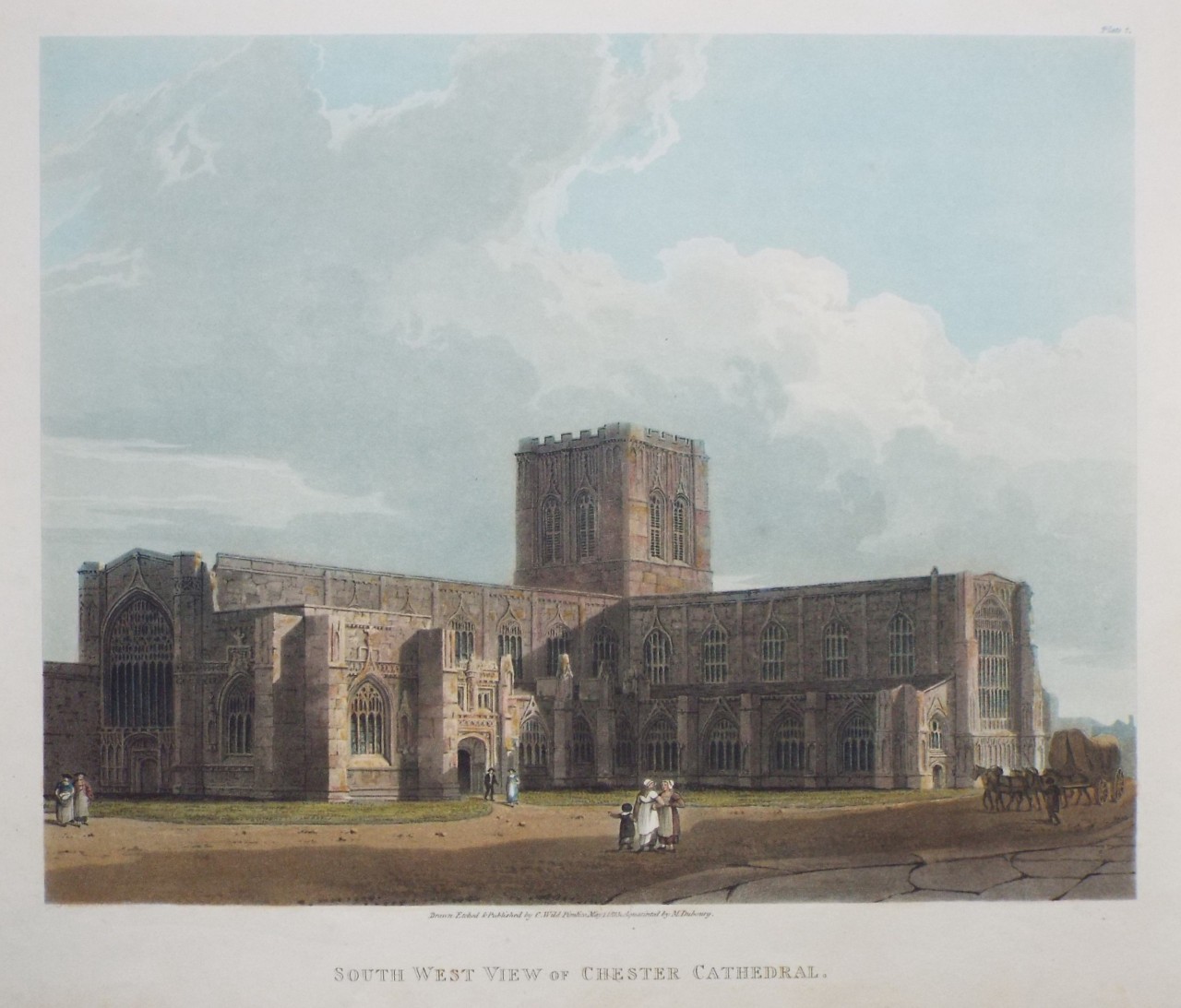Aquatint - South West View of Chester Cathedral. - Dubourg