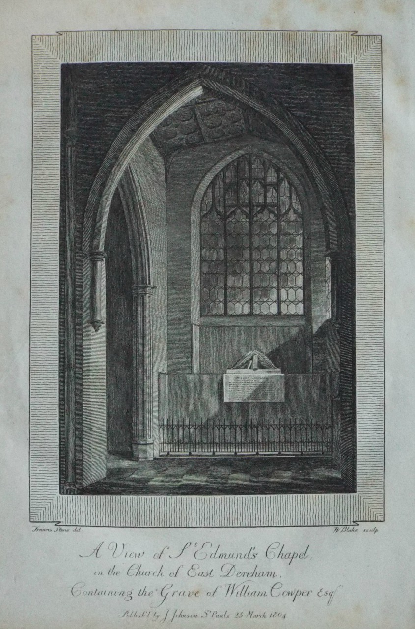 Print - A View of St. Edmund's Chapel, in the Church of East Dereham, Containing the Grave of William Cowper Esqr. - Blake