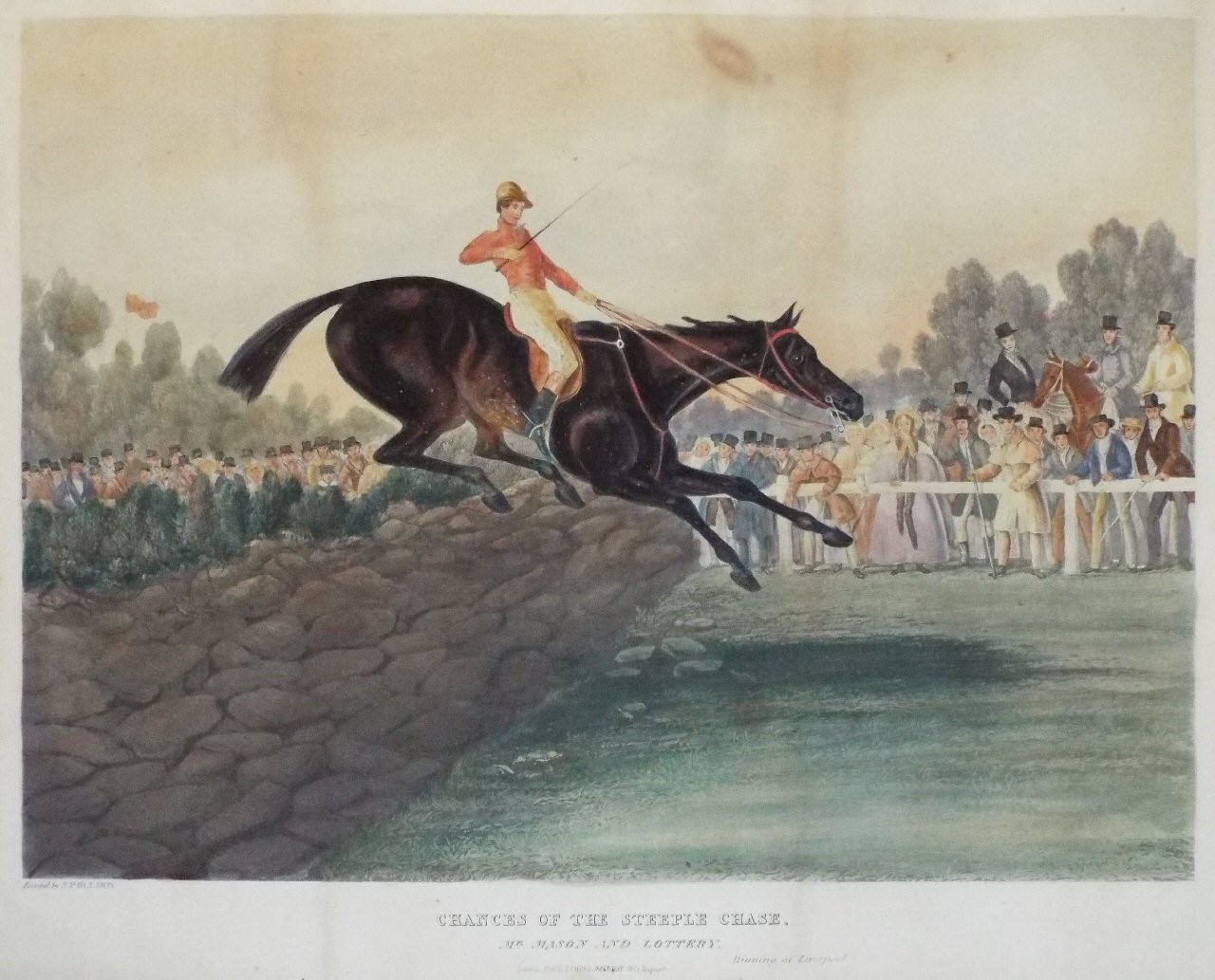Aquatint - Chances of the Steeple Chase. 7. Mr. Mason and Lottery, Winning at Liverpool.