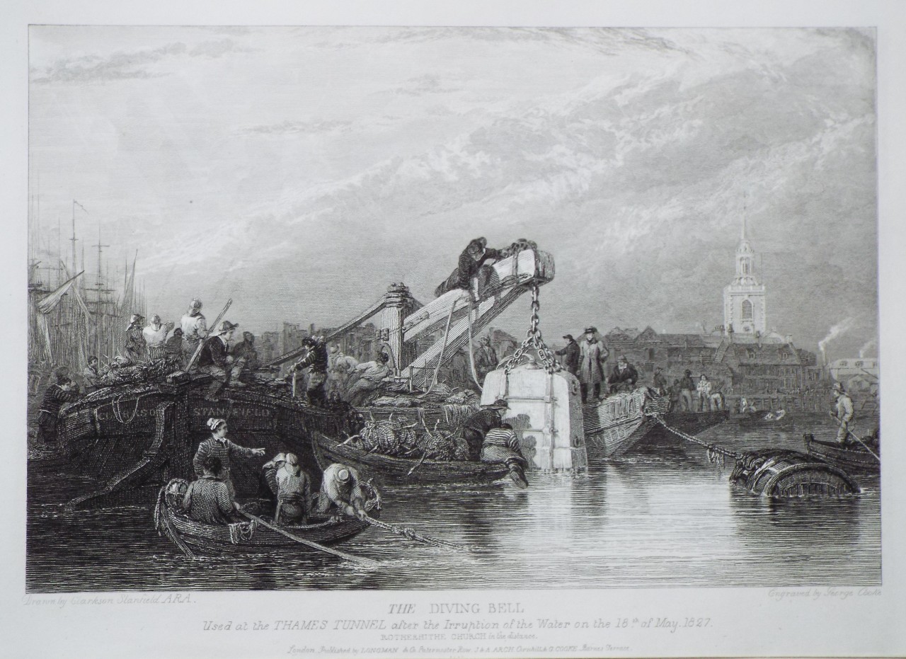 Print - The Diving Bell Used at the Thames Tunnel after the Irruption of the Water on the 18th May, 1827. Rotherhithe Church in the distance. - Cooke