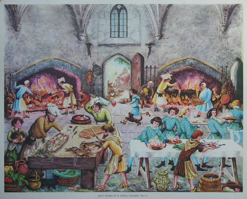 Lithograph - 24 Busy Cooks in a Castle Kitchin, 14th C.