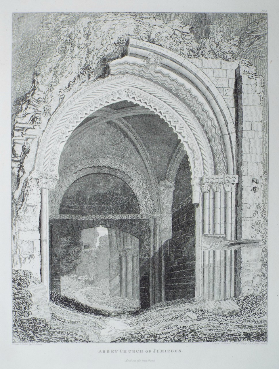 Etching - Abbey Church of Jumieges. Arch on the west front. - Cotman