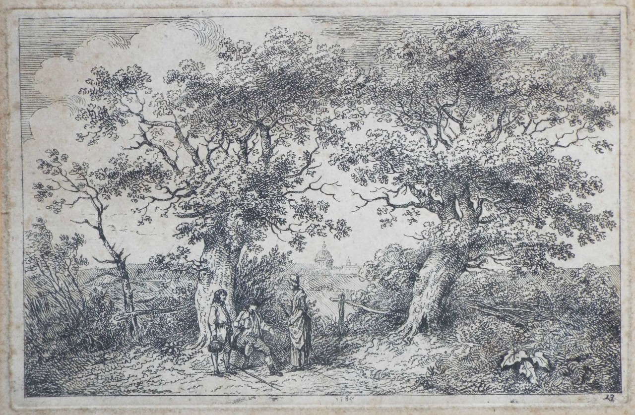 Etching - Rustic scene near a city with travellers