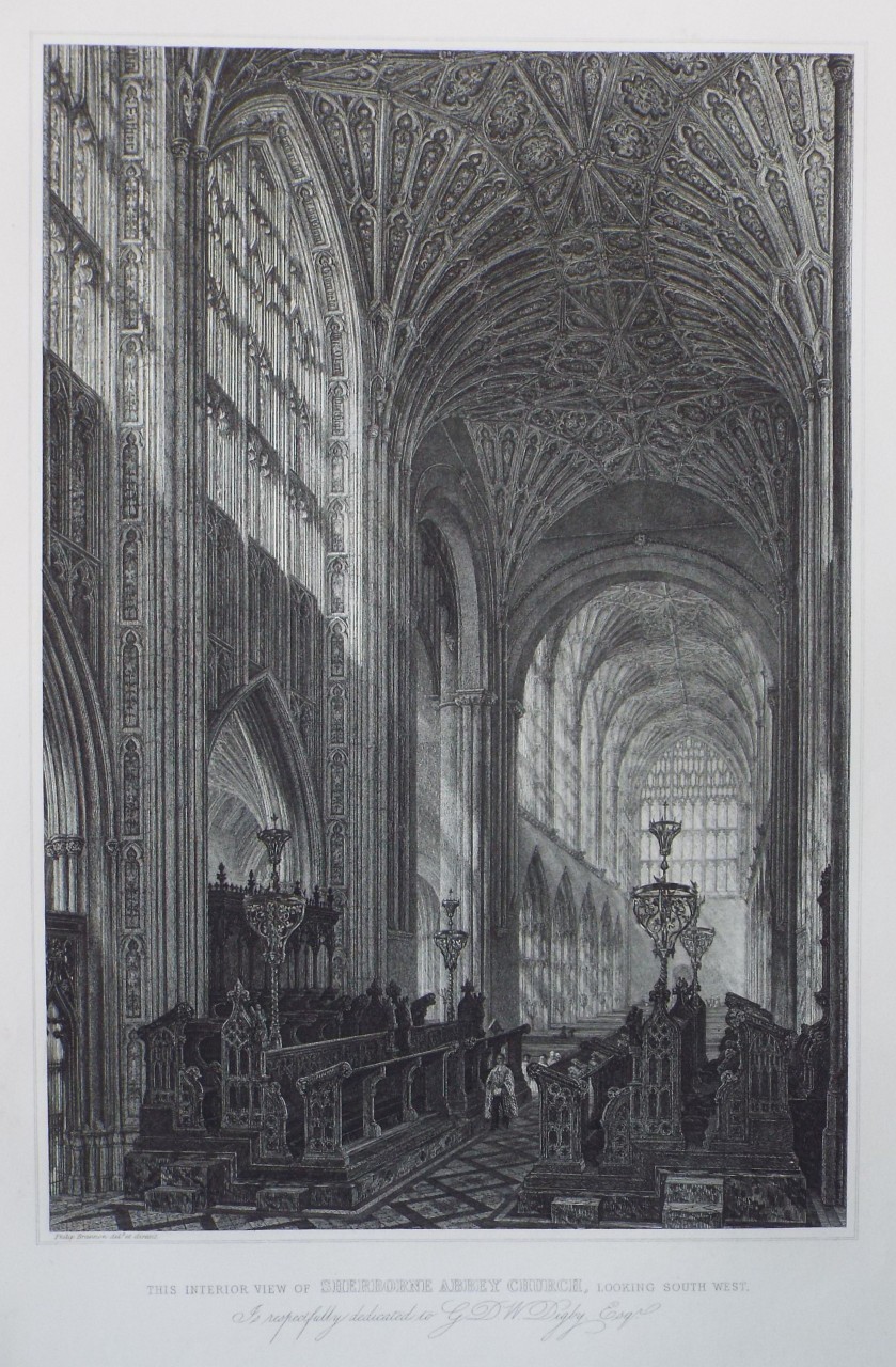 Print - The Interior View of Sherborne Abbey Church, looking South West. - Brannon