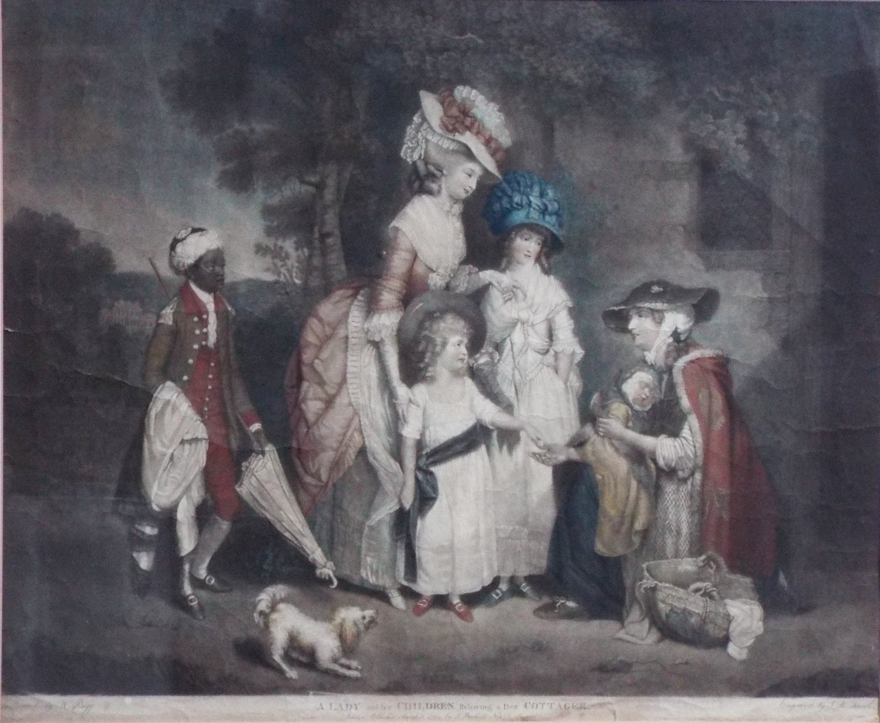Mezzotint - A Lady and her Children Releiving a Poor Cottager - Bigg