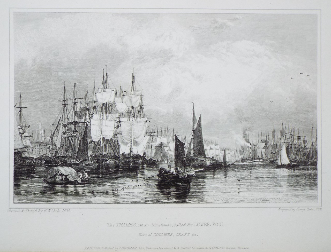 Print - The Thames. near Limehouse, called the Lower Pool. Tiers of Colliers, Craft &c. - Cooke