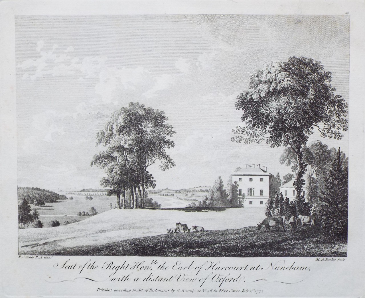 Print - Seat of the Right Honble. the Earl of Harcourt at Nuneham, with a distant View of Oxford. - Rooker