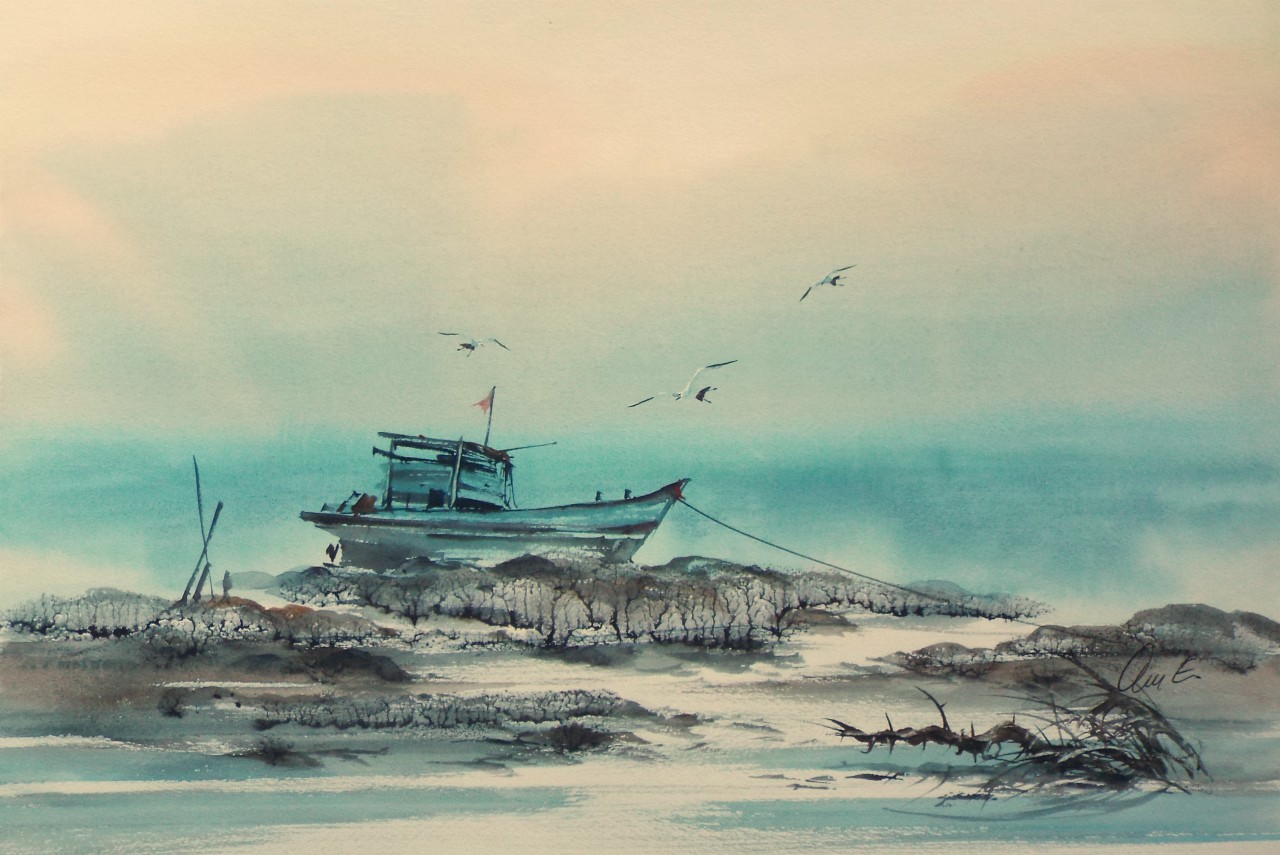 Watercolour - Oriental coastal landscape