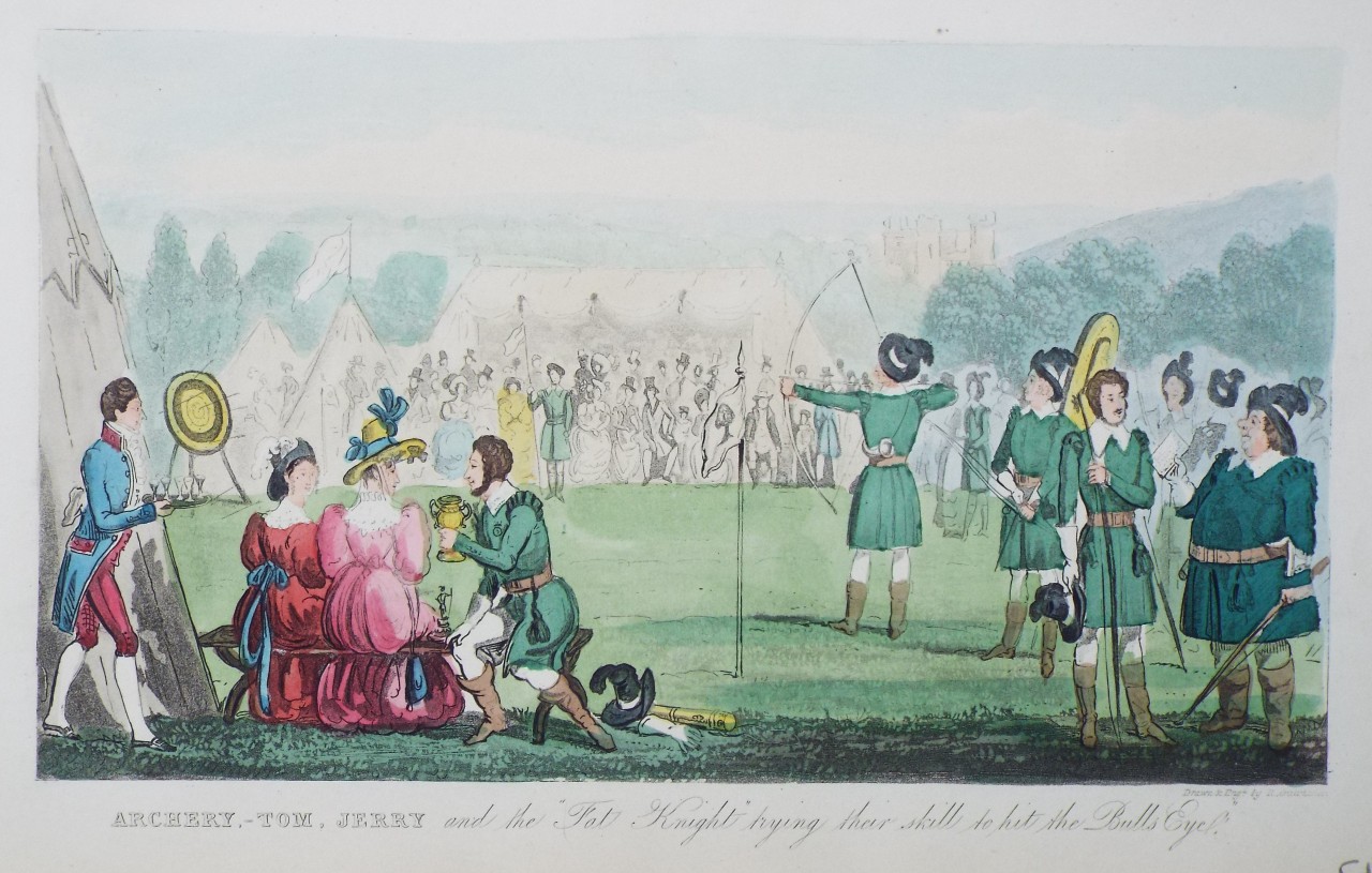 Aquatint - Archery. - Tom, Jerry, and the Fat Knight trying their skill to hit the Bulls Eye. - Cruikshank