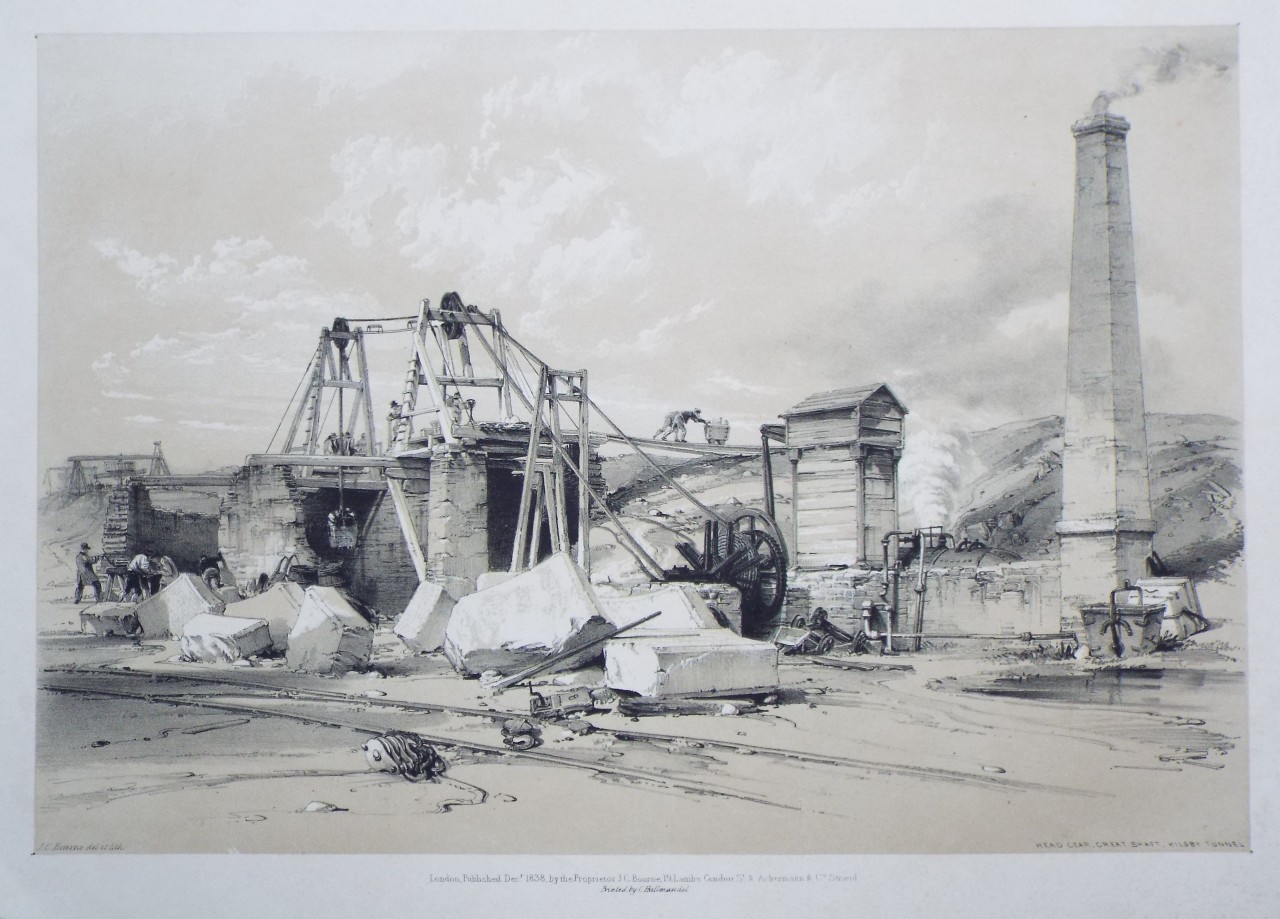 Lithograph - Head Gear, Great Shaft, Kilsby Tunnel - Bourne