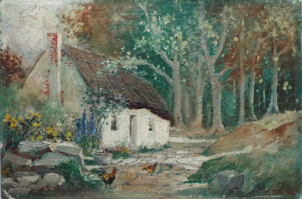 Oil painting - (Cottage in woodland with chickens)