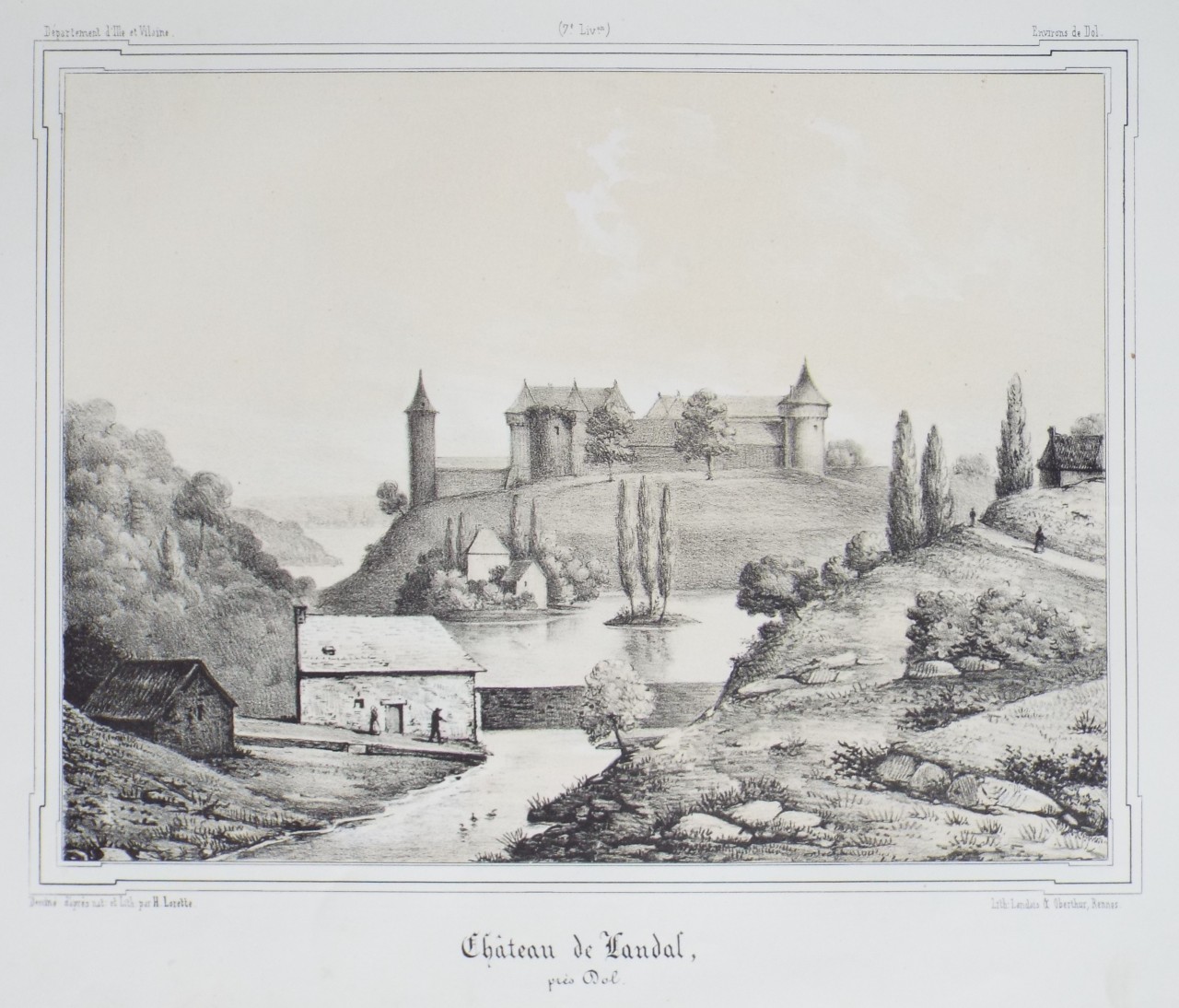 Lithograph - Chateau de Landal, pres Dol. - Lorette