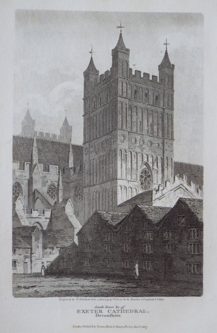 Print - South Tower &c of Exeter Cathedral, Devonshire. - Woolnoth