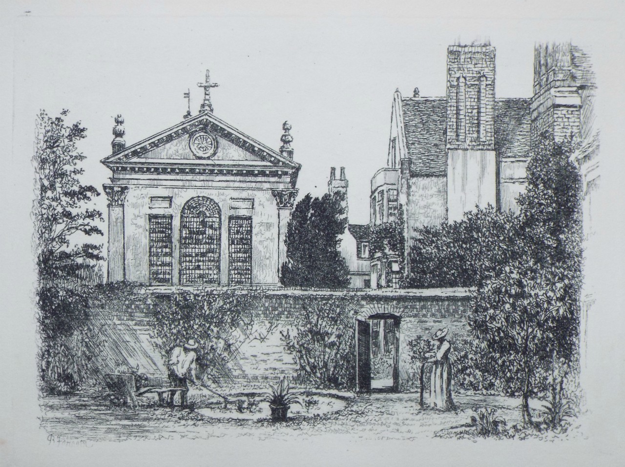 Etching - Pembroke College, from the Master's Garden - Farren