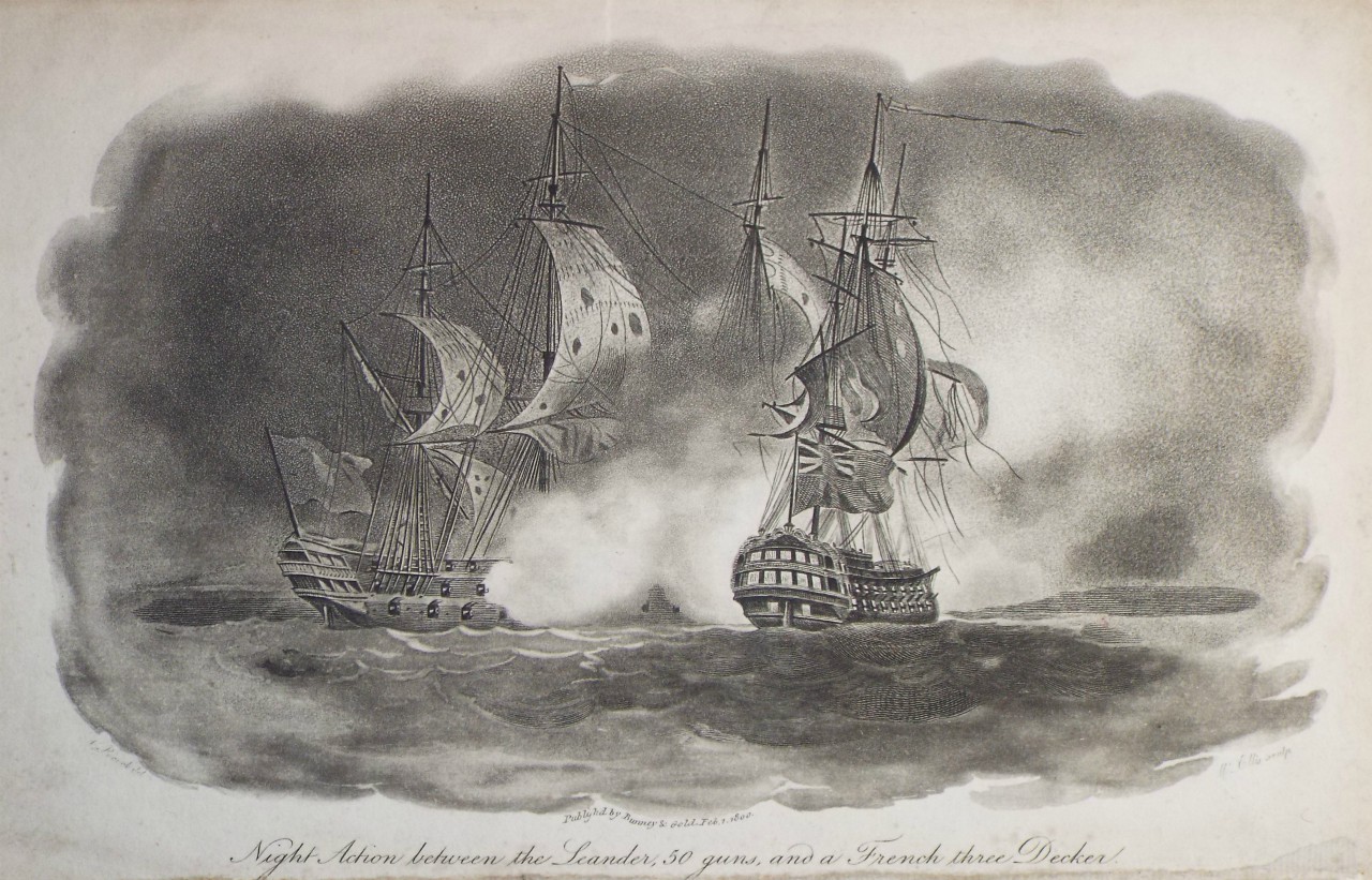 Aquatint - Night Action between the Leander, 50 guns, and a French three Decker. - Ellis