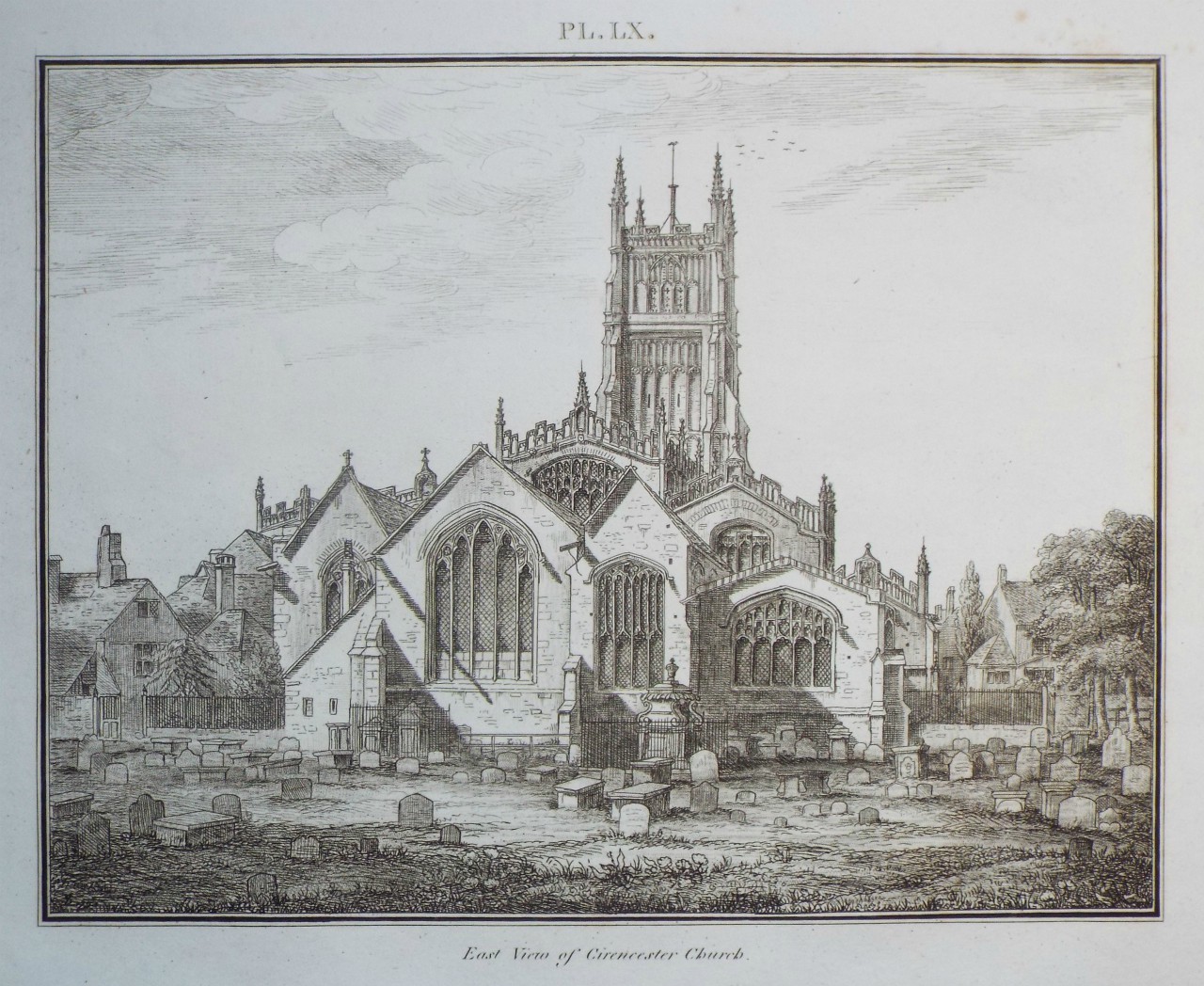 Etching - East View of Cirencester Church. - Lysons
