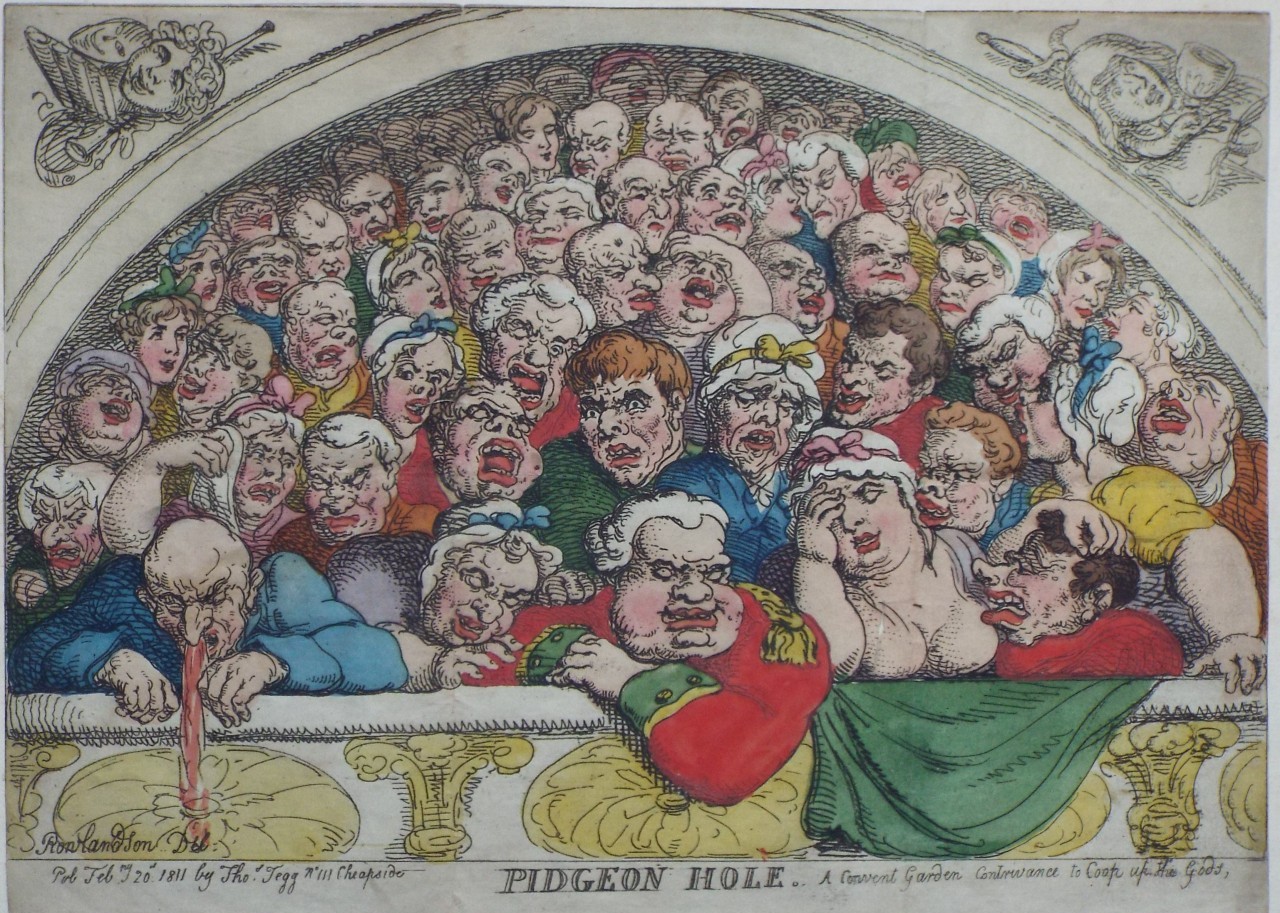 Etching - Pidgeon Hole. A Convent Garden Contrivance to Coop up the God. - Rowlandson