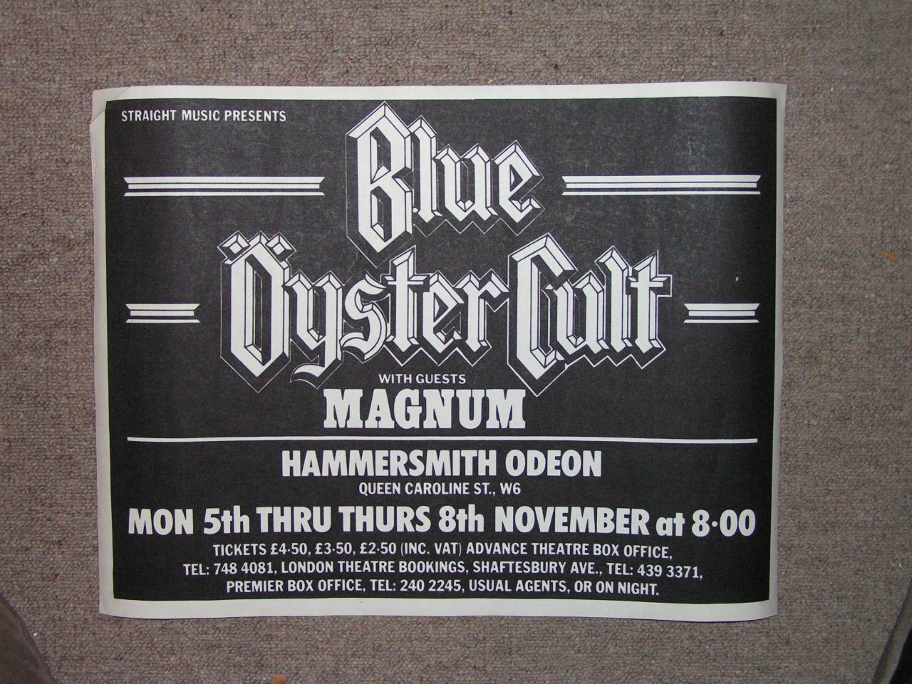 Poster - Blue Oyster Cult. Hammersmith Odeon. 5-8 November. Straight Music.