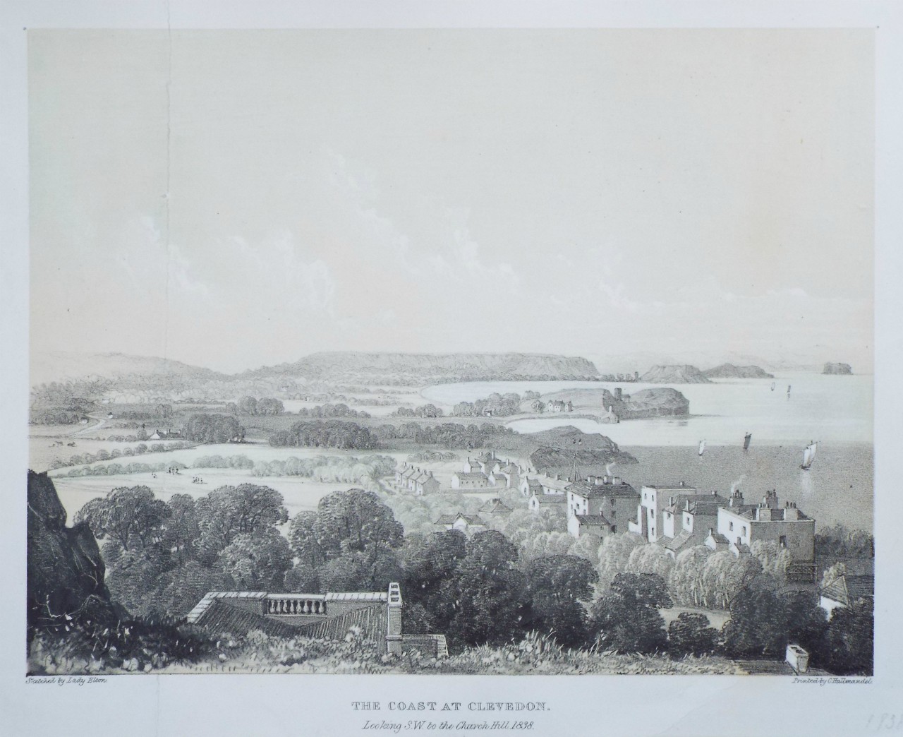 Lithograph - The Coast at Clevedon. Looking S.W. to the Church Hill 1838.