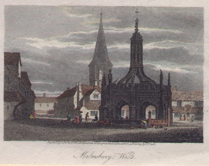 Print - Malmesbury, Wilts (view of market cross etc) - Storer