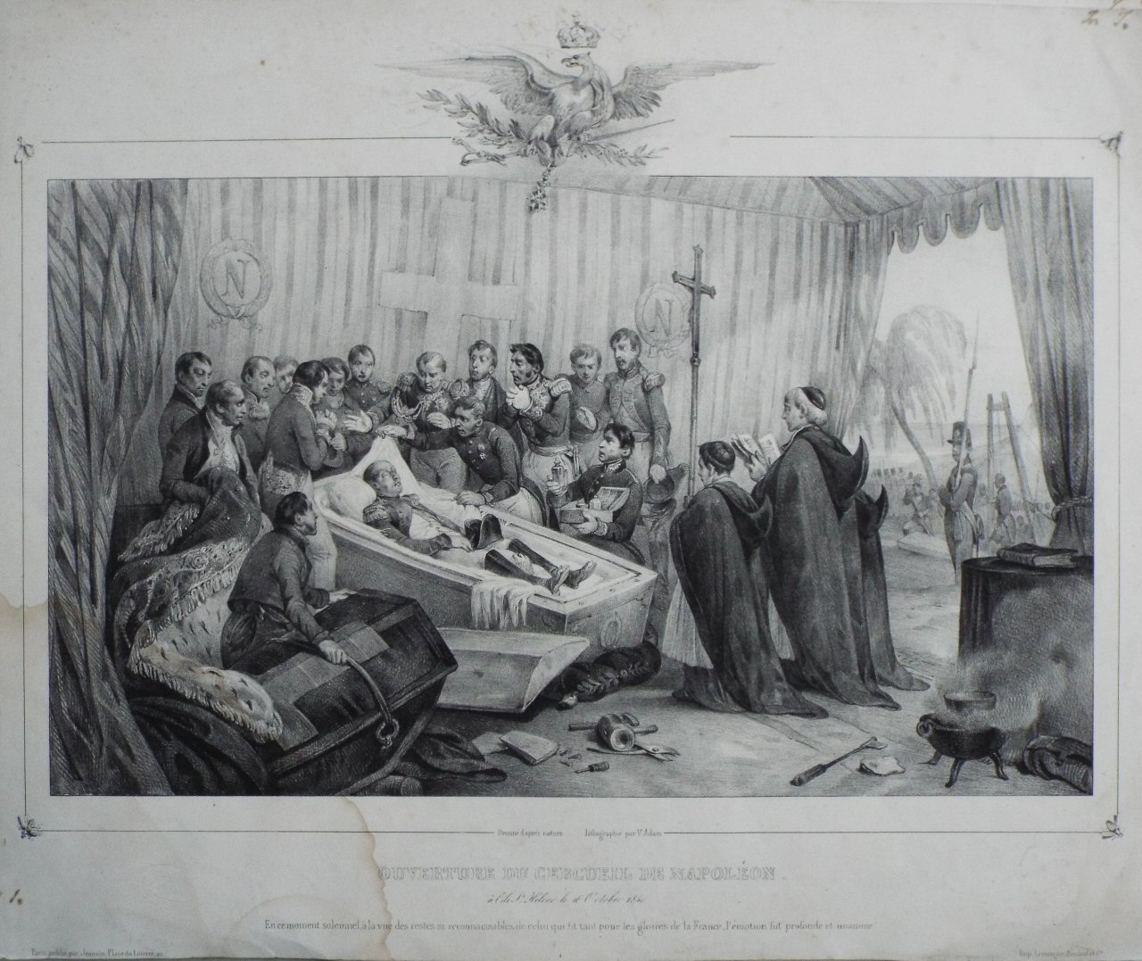 Lithograph - Ouverure du Cercueil de Napoleon a Cite St. Helene le 16 Octobre 1840. - Adam