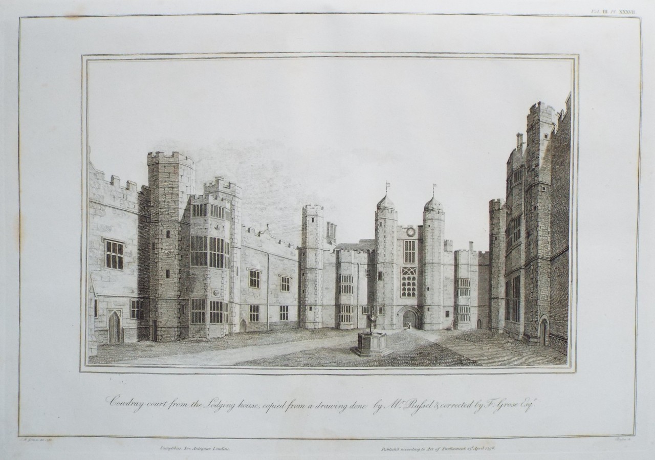 Print - Cowdray-court from the Lodging house, copied from a drawing done by Mr. Russel & corrected by F. Grose Esqr. - Basire