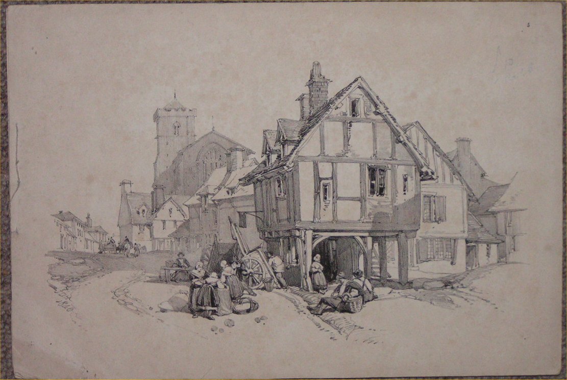 Lithograph - Untitled. Market place & church.
