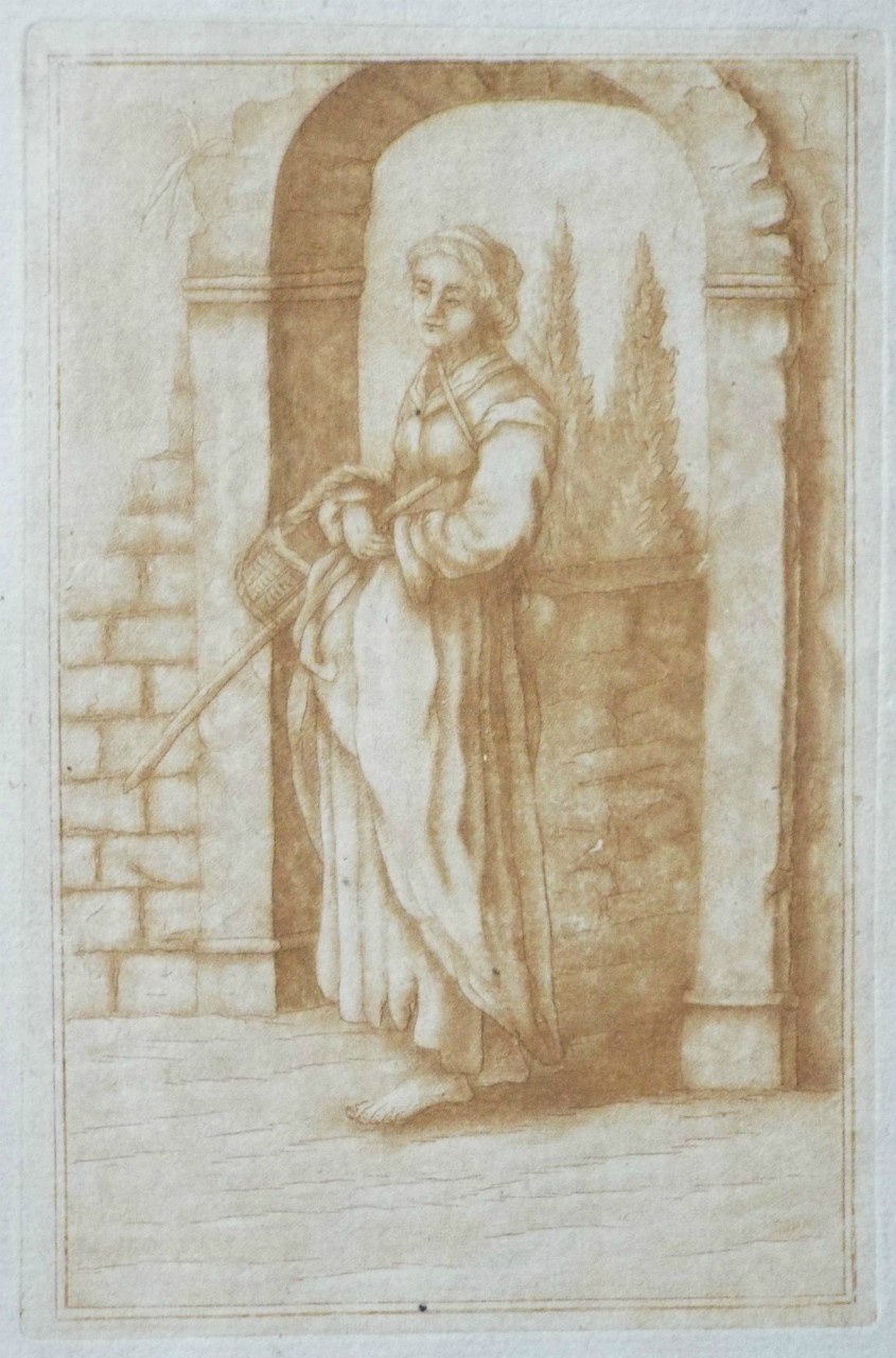Mezzotint - Female figure with a stick standing under an arch
