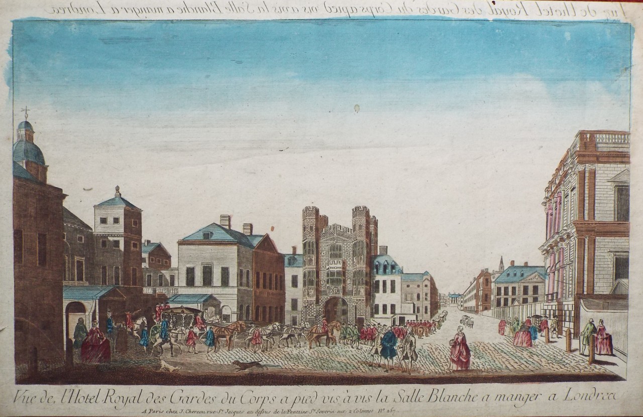 Print - Vue de l'Hotel Royal des Gardes du Corps a pied vis a vis la Sall Blanch a Manger a Londres