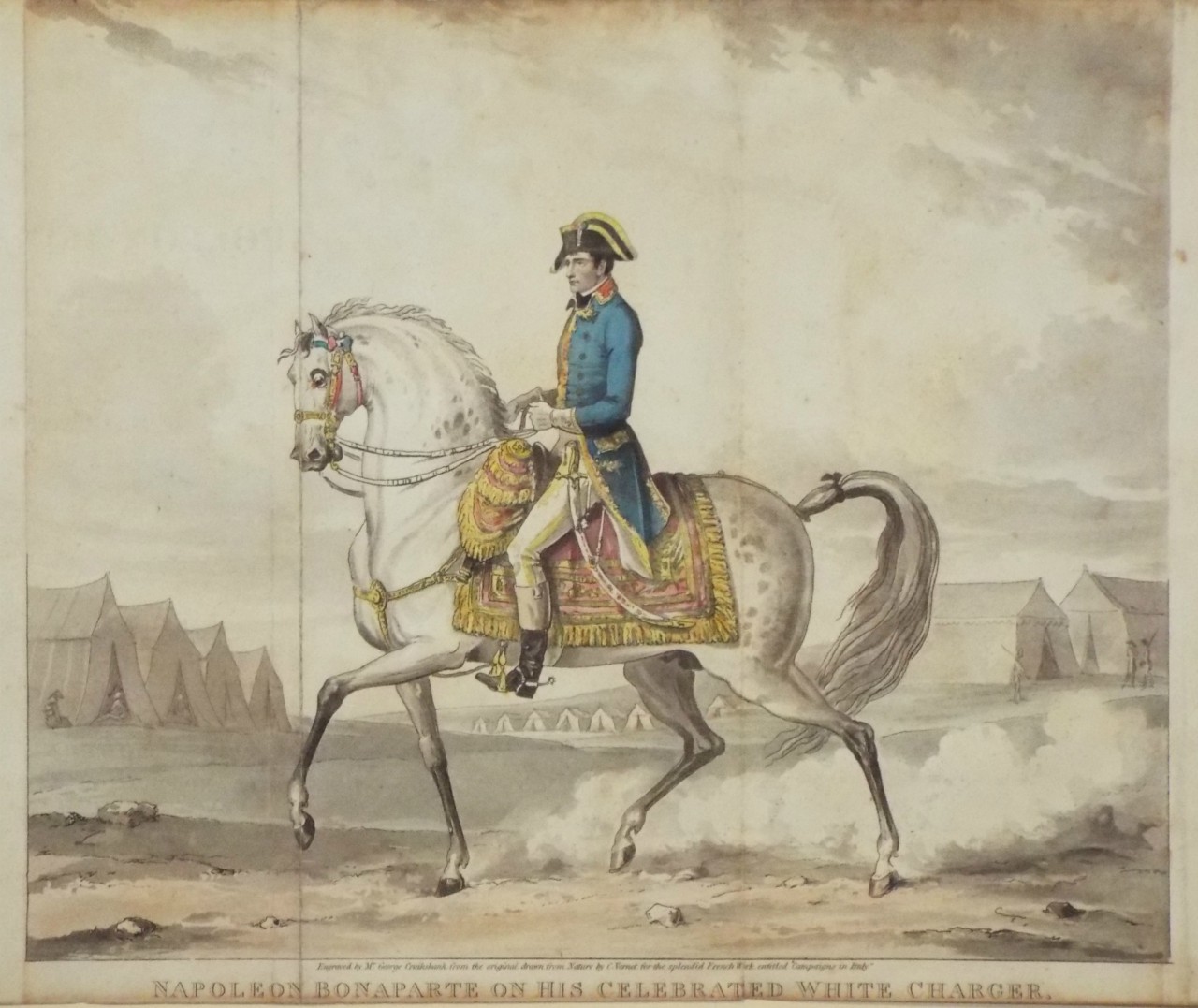 Aquatint - Napoleon Bonaparte on his Celebrated White Charger. - Cruikshank