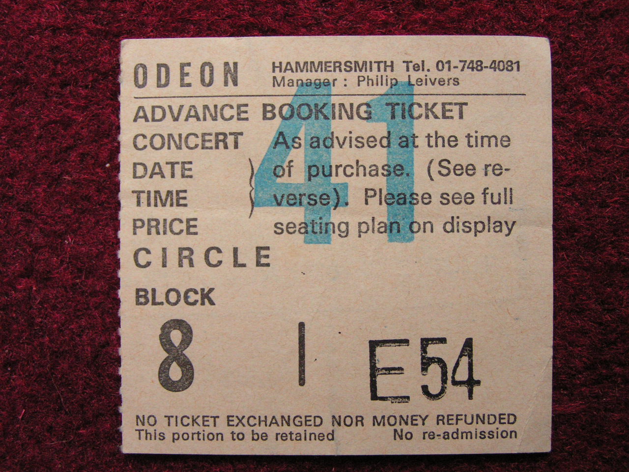 Ticket Stub - Blue Oyster Cult Hammersmith Odeon 8/11/79