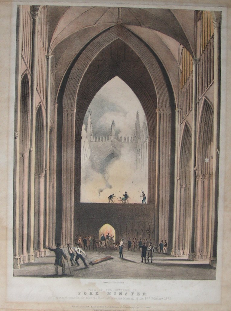 Lithograph - View of the Interior of York Minster as it appeared immediately after the Roof fell in on the morning of the 2nd February 1829