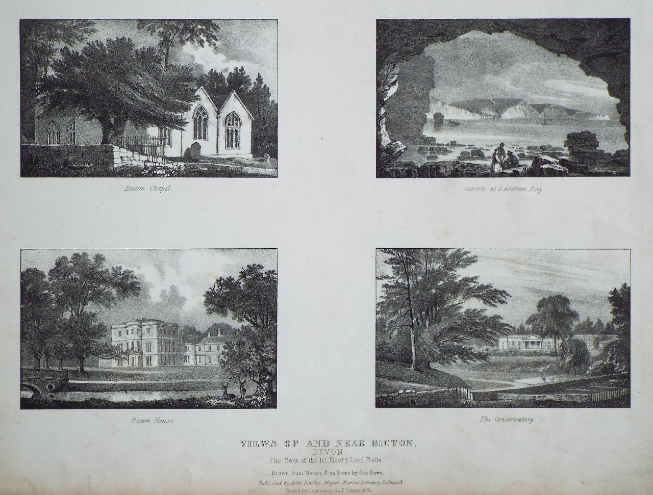 Lithograph - Views of and near Bicton, Devon. The Seat of the Righ Honble. Lord Rolle. Bicton Chapel, Cavern at Lardram Bay, Bicton House, The Conservatory - Rowe