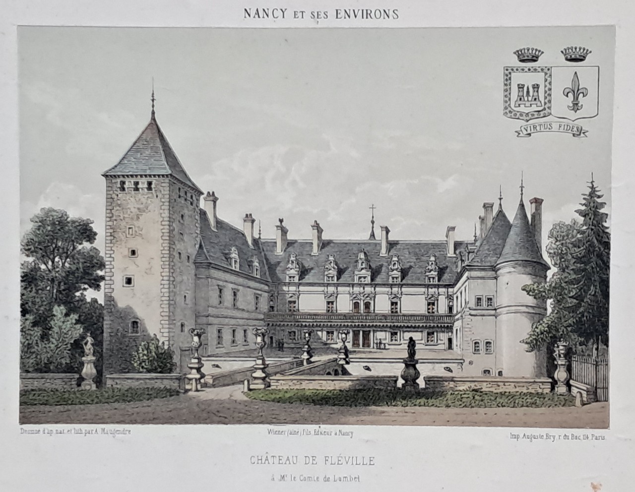 Lithograph - Chateau de Fleville a Mr. le Comte de Lambel. - Maugendre