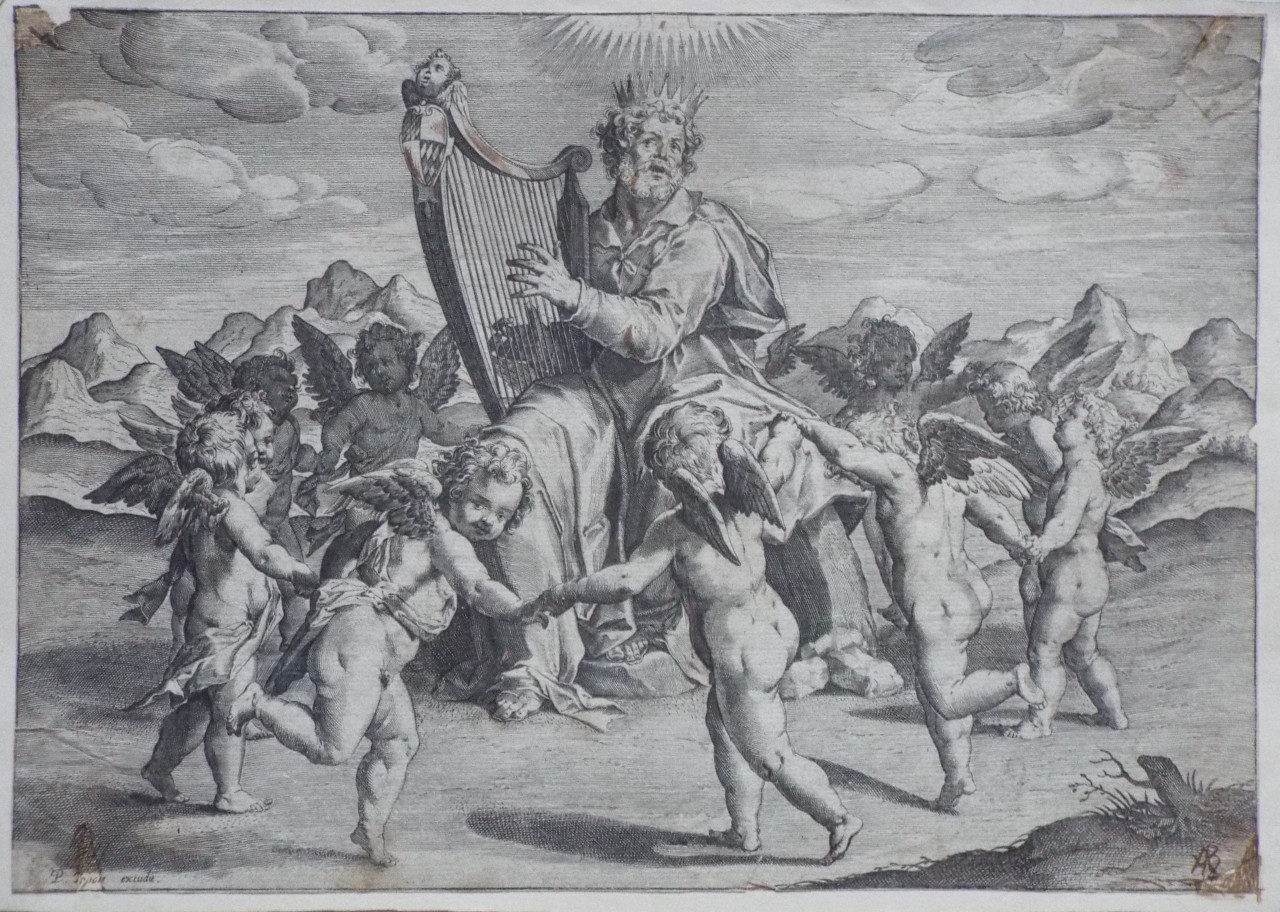 Print - King David playing the harp with angels dancing